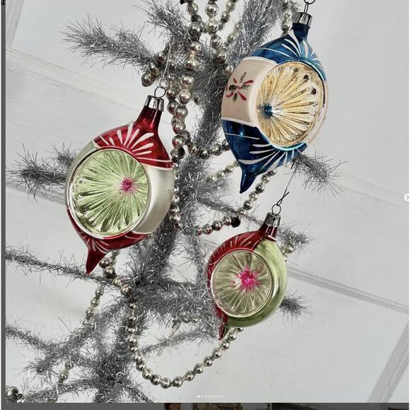 Vintage Glass Ornament Teardrop Indent Pink Blue Silver Tarnish Patina Set 3 - Picture 1 of 8